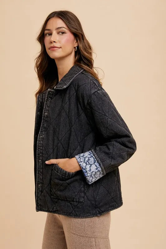 Annie Wear Quilted Printed Lining Snap Down Denim Jacket - SwagglyLife Home & Fashion